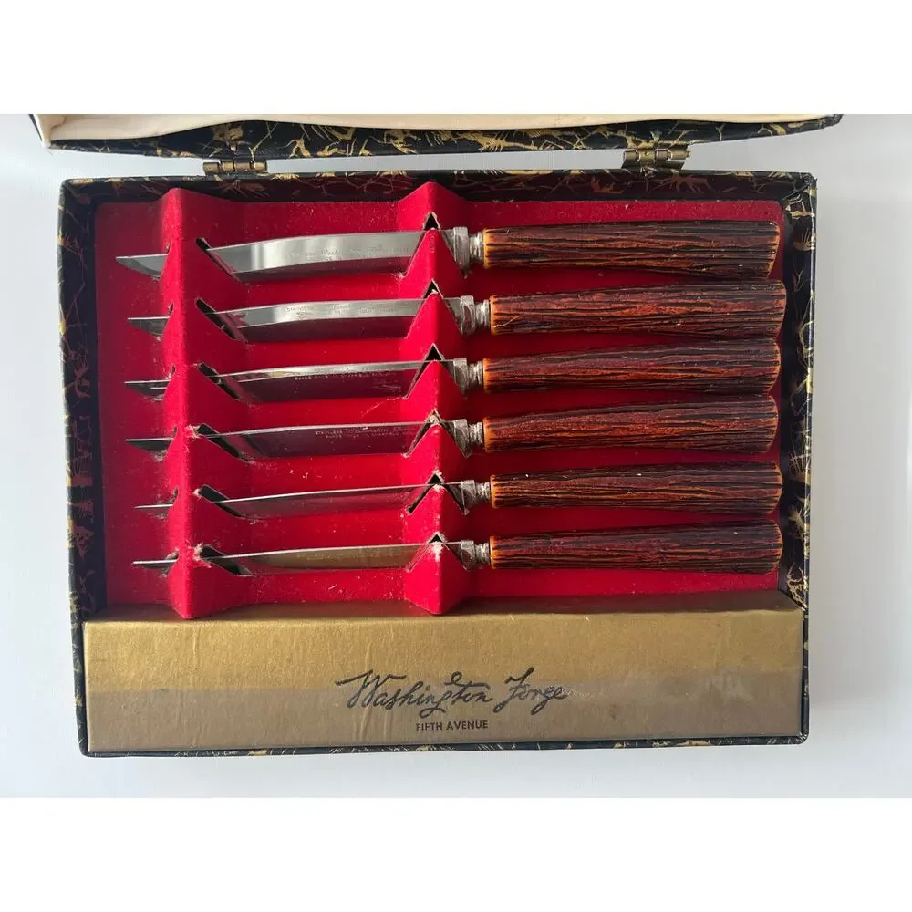 Vintage Cutlery 6 Washington Forge Sheffield Stainless Steak Knives Faux Stag